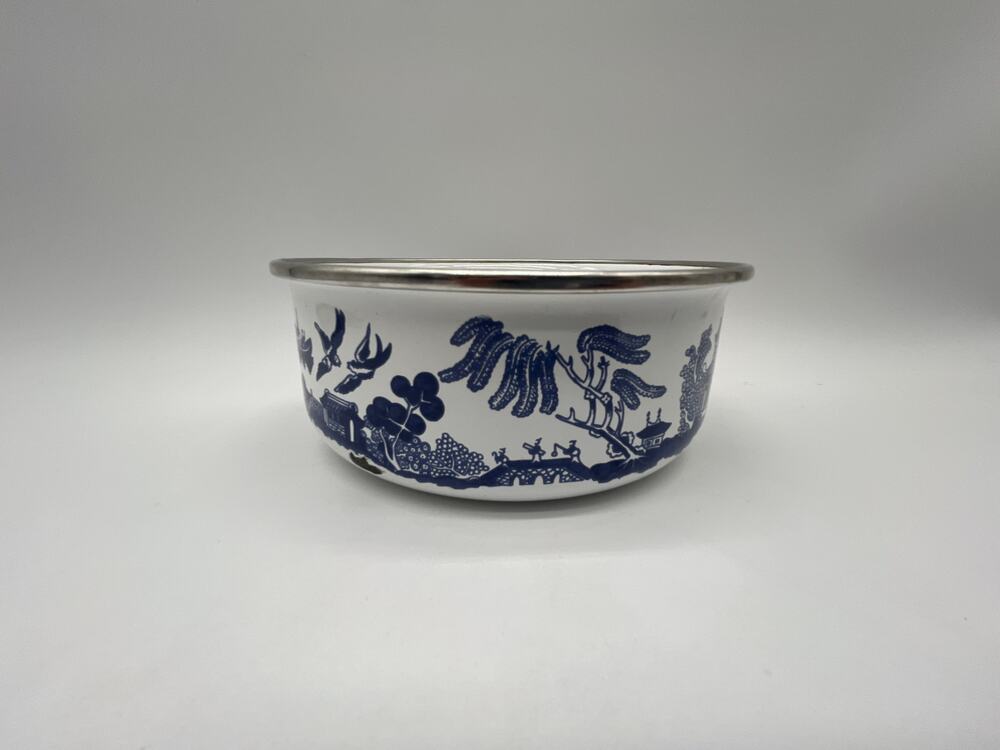 VTG Heritage Mint Blue Willow Stainless Steel Rim Enamelware Mixing Bowl 6.5"